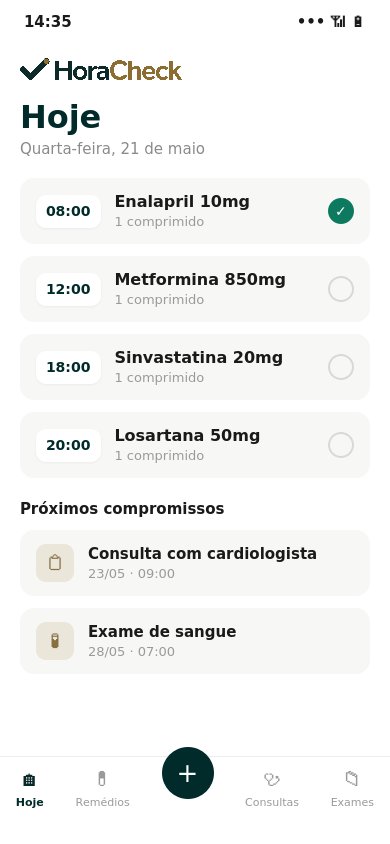 Tela Hoje do app HoraCheck